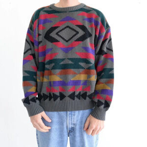 Vintage 90S White Oak Gray And Red Aztec Knit Crew Neck Sweater  XL